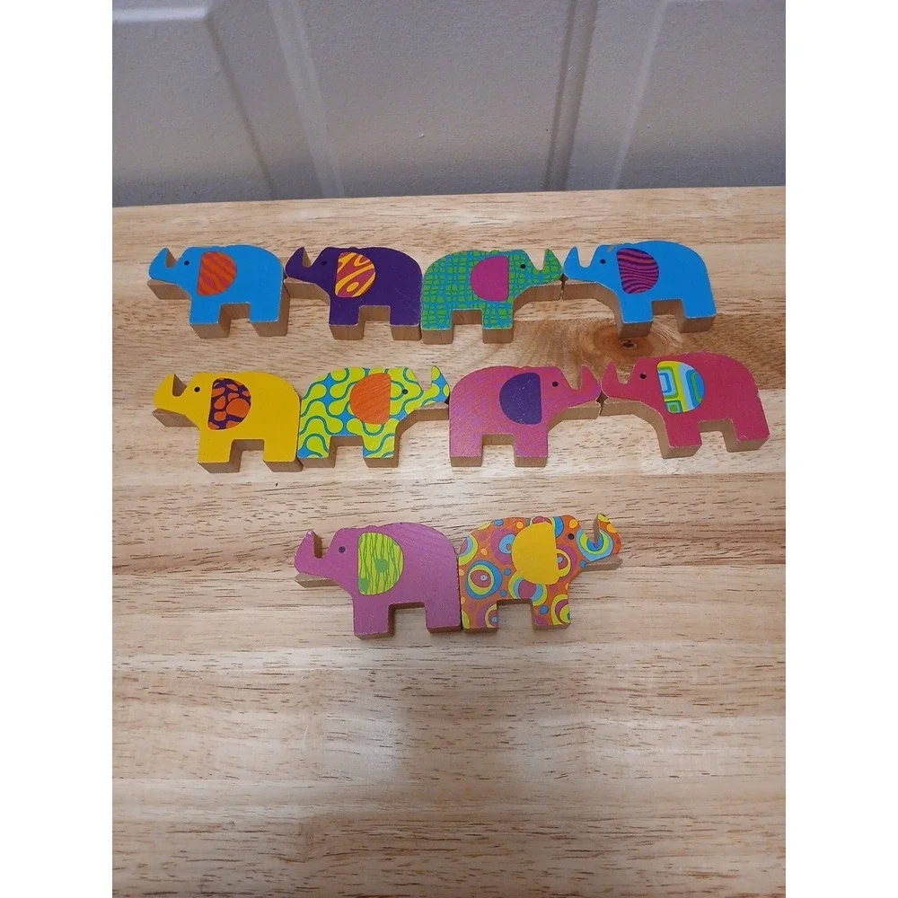 Set of 10 Mindware Wild Ways Wooden Elephants Stacking Game Colorful Patterns